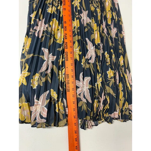 LOFT Pleated Maxi‎ Skirt XL Dusty Blue Yellow Floral Elastic Waist Accordion - Image 8