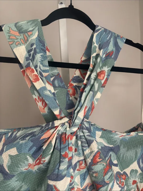 Faherty Bay Twist Seersucker Halter Midi Dress Floral Pastel Blue & Coral Sz XL - Image 5