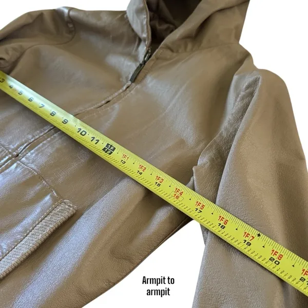 Vintage Y2K Buckle Tan Leather Hooded Granola Girl Moto‎ Jacket Size M - Image 7