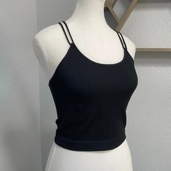 Colsie Black Ribbed Crop Tank Top Double Straps Grunge Alt Summer Spring - Image 2
