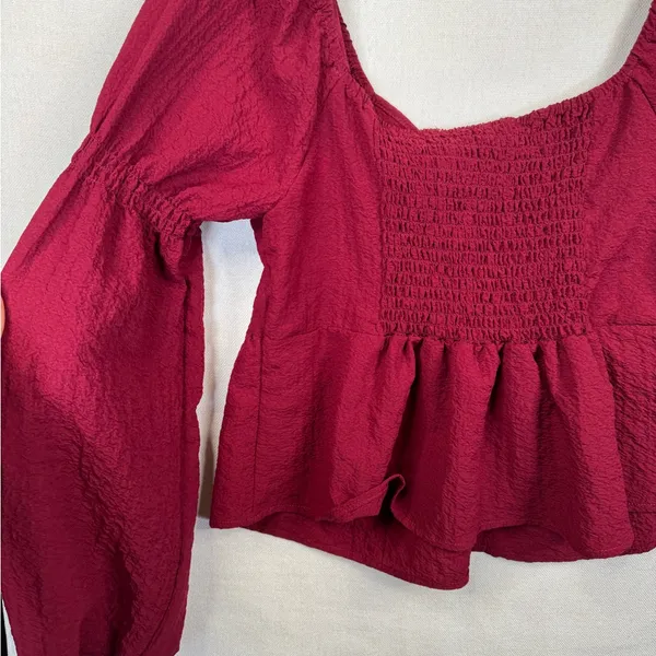 Kirious Los Angeles Blouse Womens Small Burgundy Tie-Front Peplum Long - Image 4