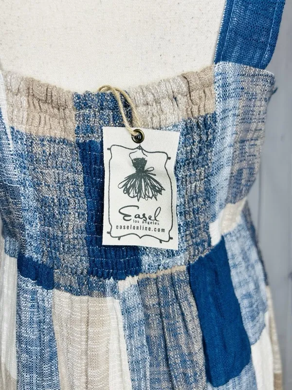 Easel Los Angeles Patchwork Midi Dress Womens Sz L Blue Tan Boho Textured NWT - Image 11