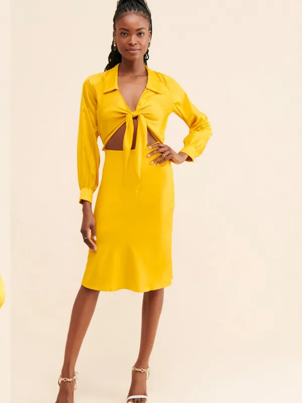 NWT Rare London Anthropologie Textured Golden Yellow Satin Tie-Front Dress - Image 3