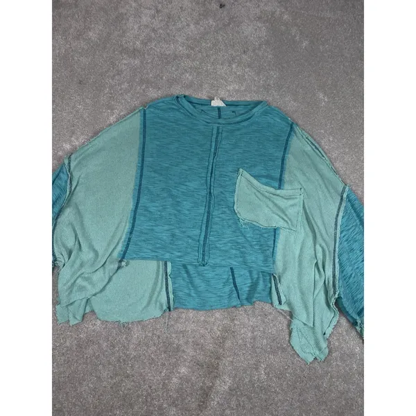 Pol Cropped Boxy Raw Edge Top Womens Blue Contrast Stitch Relaxed‎ Small - Image 4
