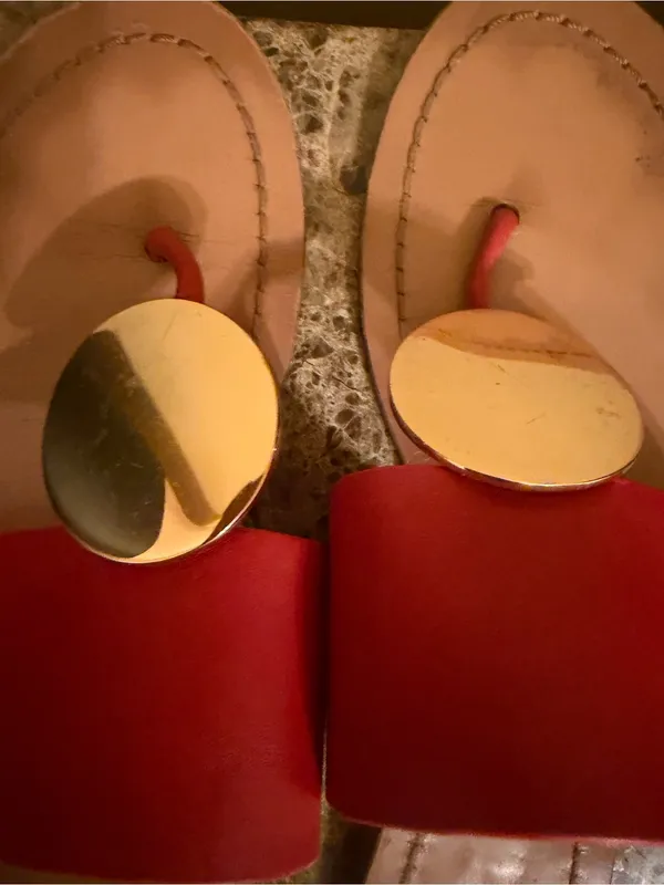 Tory Burch Red Leather Slide Sandals with Gold Medallions - Image 3