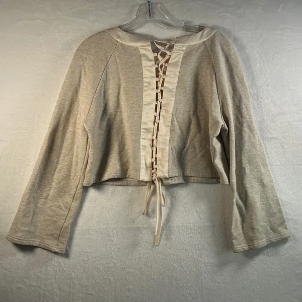 Endless Rose Beige Ribbed Bell Sleeve Lace‎ Up Front Cropped Sweatshirt Top M - Image 6