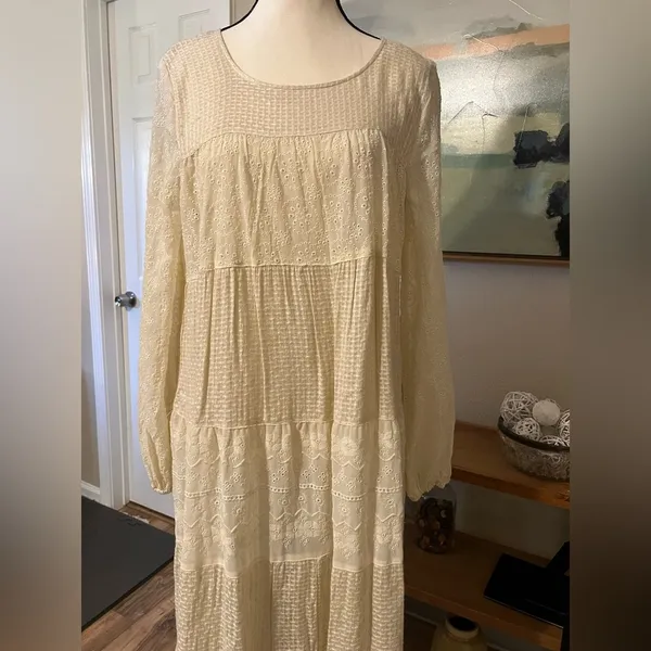Free People Gemma Eyelet Lace Midi Dress XS Cream Cottage Core Prairie Romantic - Image 4