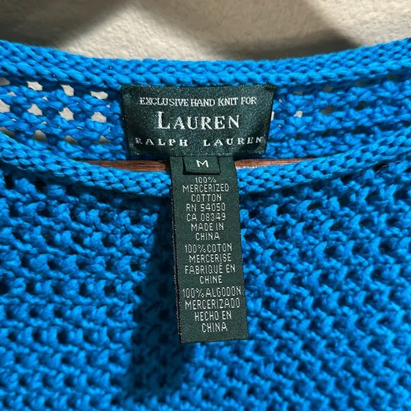 Lauren Ralph Lauren Medium Cobalt Blue Open Stitch Hand Knit Cotton Sweater - Image 2
