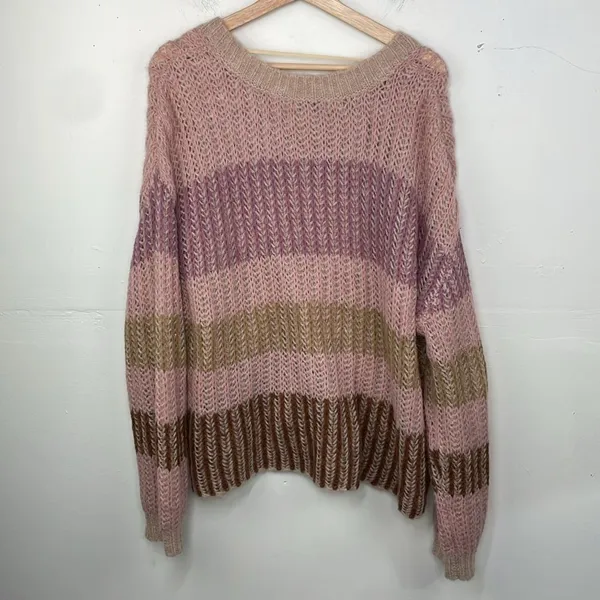 Democracy Chunky Knit V Neck Striped Relaxed Fit Sweater Pullover size XL - Image 8
