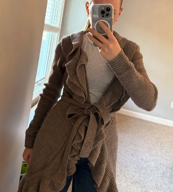 MM Couture Brown Ruffle Cardigan Sweater - Image 2