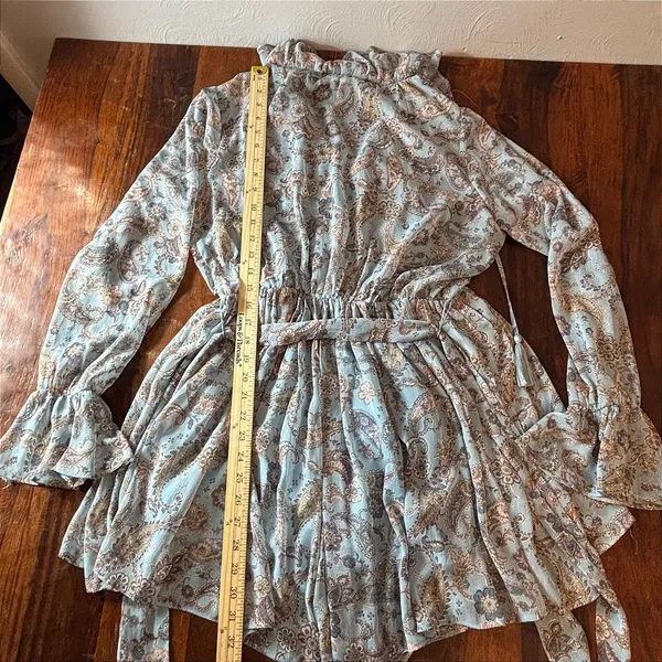 En‎ Creme Blue Paisley Ruffle Romper Long Bell Sleeve Boho ERU61761TR Large - Image 7