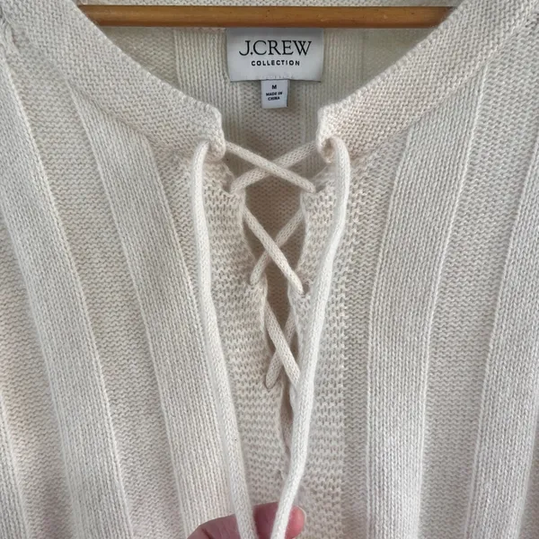 J. Crew Collection Women's 100% Cashmere Lace Up Beach Sweater Cream Size M - Image 4
