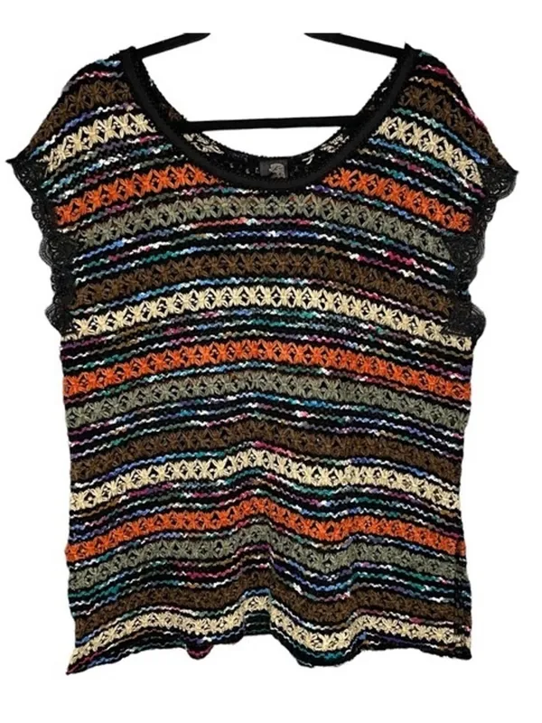 Free People New Romantics‎ crochet Chenille Stripe Knit Top Size Small Lace - Image 3