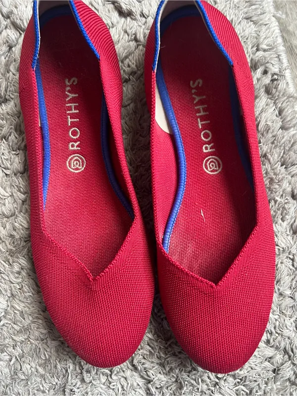 Rothy's Red Knit Pointed Ballet Flats with Blue Trim - Image 2