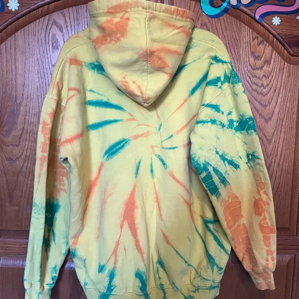 Vibrant Tie-Dye Hoodie - Yellow-Gold Orange, Green front pouch Size XL - Image 6