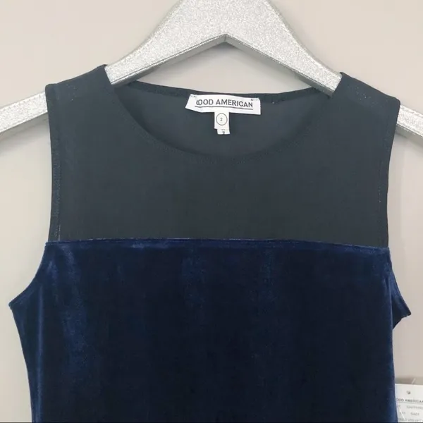 Good American The Mixed Velvet Bodysuit Navy Blue and Black NEW - Image 4