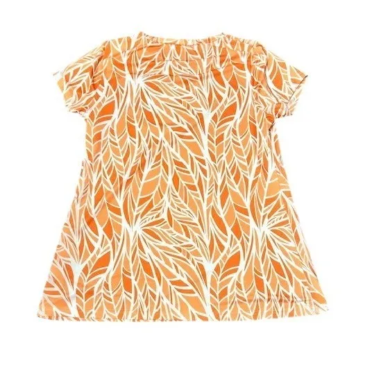 Bon Apple Tea Womens XL Orange White Leaf Print Tunic Blouse Tropical‎ Resort - Image 3