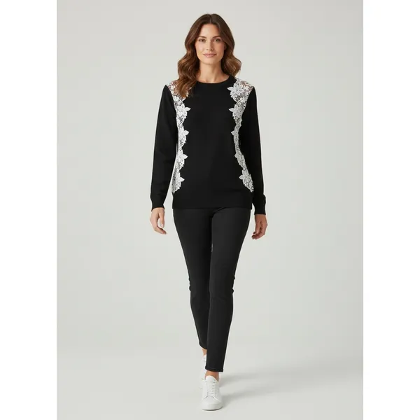 INC International Concepts Black Floral Lace Crochet Long Sleeve Sweater Large - Image 9