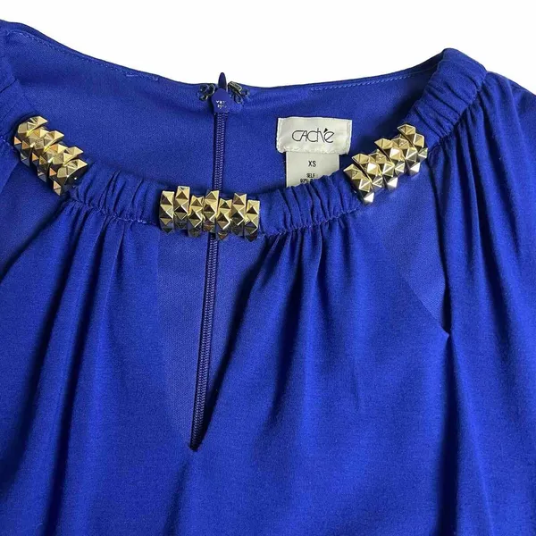 Cache Bodycon Dress Womens XS Blue Studded Keyhole Ruched Vintage‎ Long Sleeve - Image 5