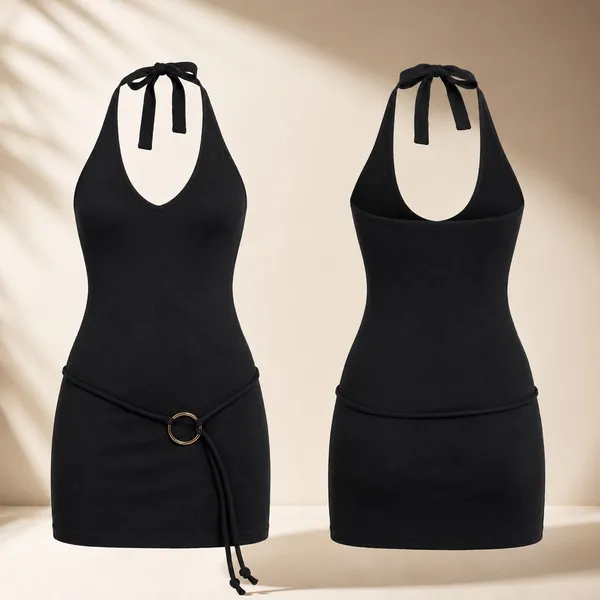 Frankies Bikinis Dolly Knit Mini Dress Women XL Black Halter O-Ring New LBD Y2K‎ - Image 2
