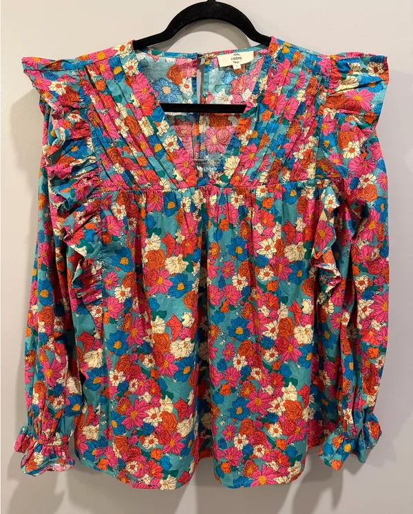 Entro Floral Detail Long Sleeve V-Neck Ruffle Detail Blouse Blue Multi - Image 5