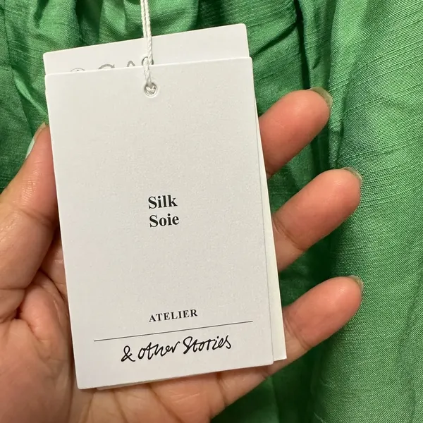 NWT & Other Stories Sea Green Silk Puff Sleeve Tie Back Voluminous Midi Dress 6 - Image 8