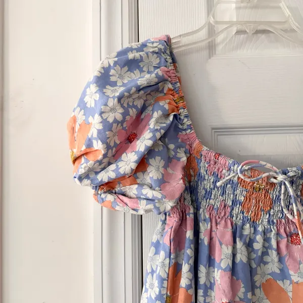 Sabo Skirt Blue Orange Pink Sky Floral Bambina Mini Puff Sleeve Dress Small - Image 3