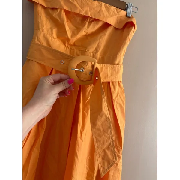 Lulus Trendsetting Choice Orange Strapless Midi Dress Pockets Size Small Wedding - Image 12