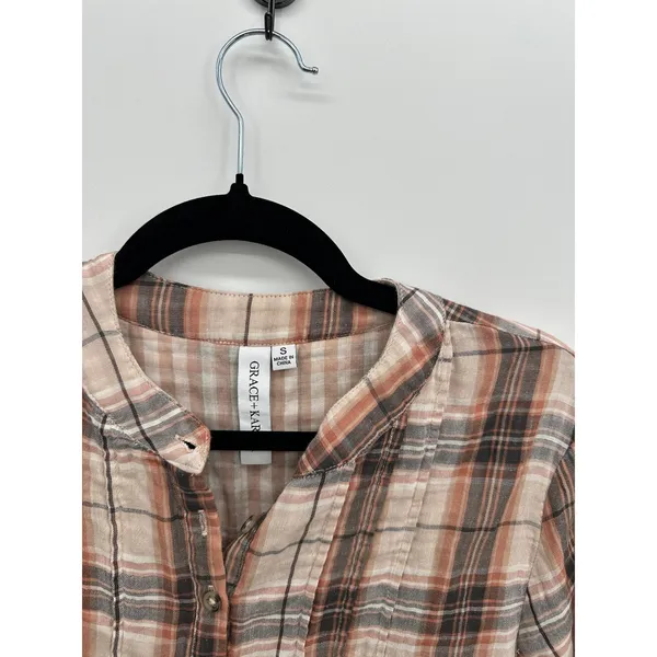 Grace + Karma Plaid Pintuck Blouse Sz S Rust Tan Cotton Country Chic Western - Image 7