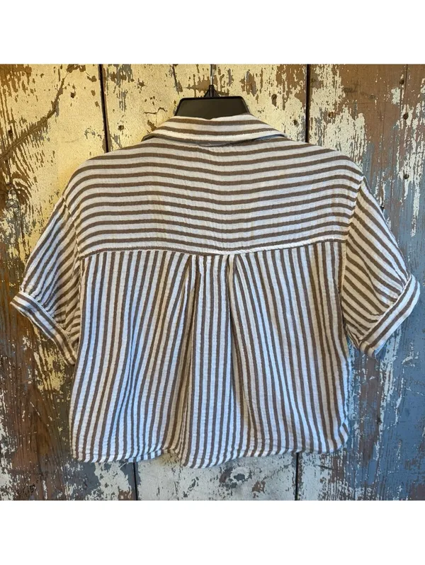 Love Notes Women's cotton gauze button down blouse, size Large brown stripes - Image 4
