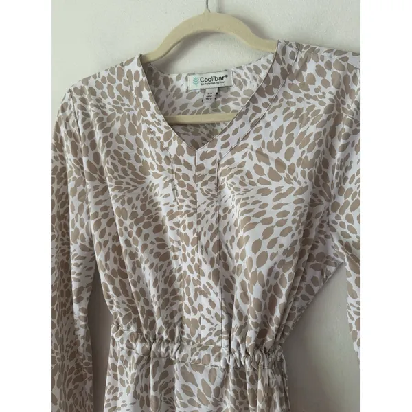 Coolibar Beige Animal Print Long Sleeve Gathered Waist Maxi Dress Size XS UPF 50 - Image 3