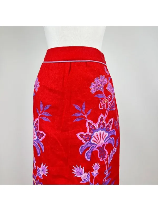 NWOT Farm Rio Red Porcelain Garden Scalloped Linen Midi Skirt Size XS - Image 4
