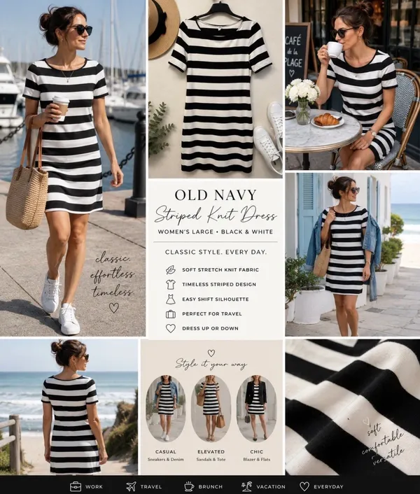 Old Navy Dress Large Black White Stripe Nautical French Coastal Grandma Chic Y2K - Image 2