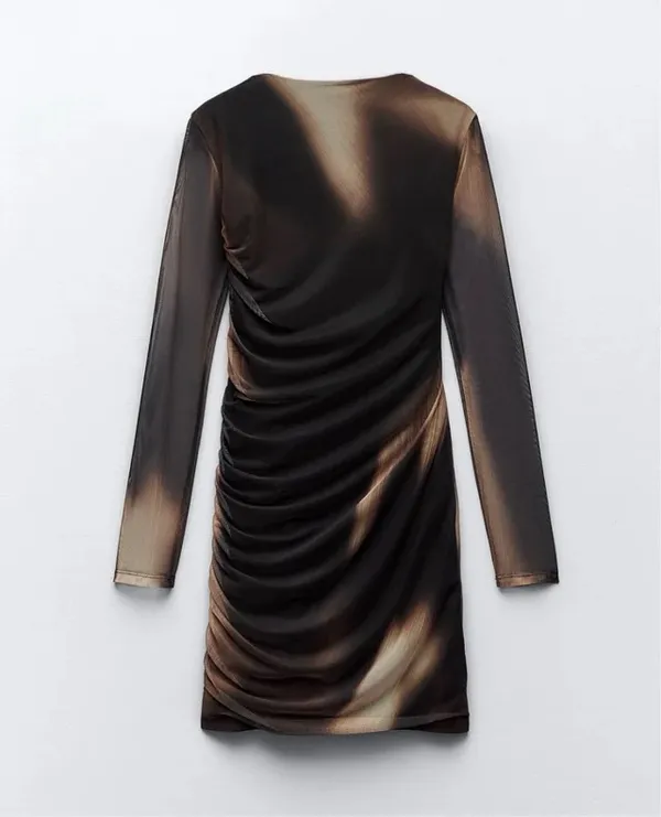 dress mini long sleeve brown tulle ruched party evening cocktail - Image 10