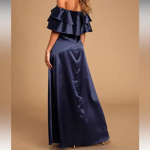 Lulus Pure Happiness Navy Blue Satin Off-the-Shoulder Maxi Dress - Image 3