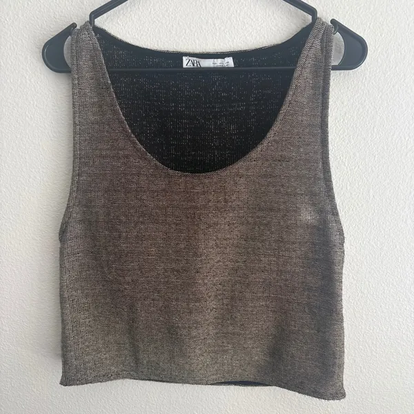 Zara Bronze Metallic Knit Sleeveless Scoop Neck Cropped Tank Top Large - Image 4