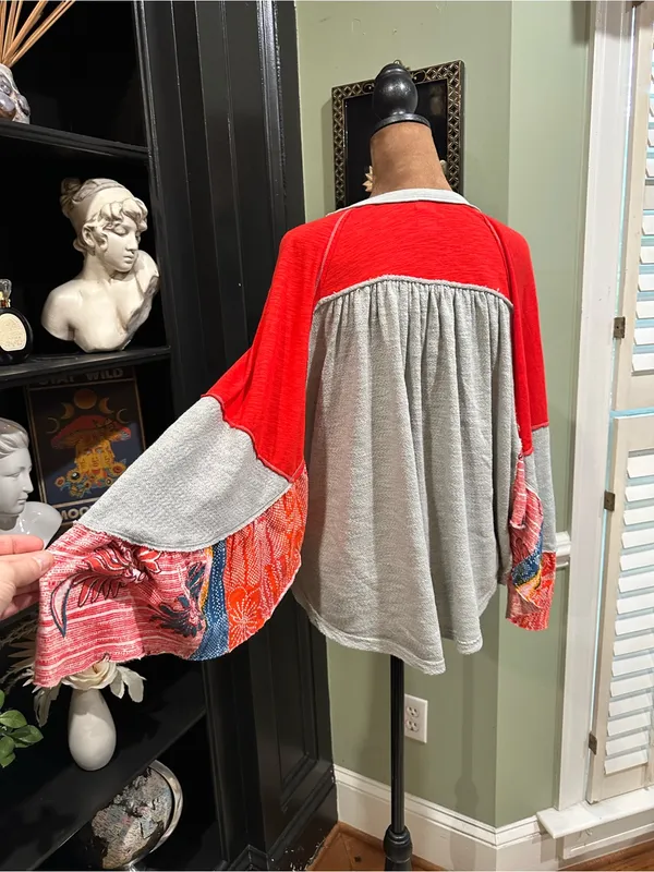 Free People We The Free “Friday Fever” Thermal Top in Red + Grey with Patterned - Image 5