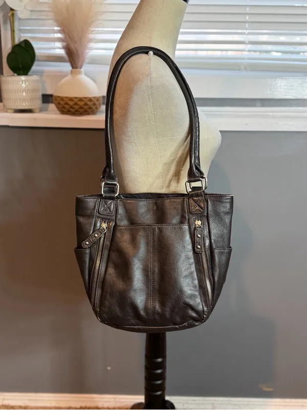 Black Genuine Leather Shoulder Bag Slouchy Tote Minimalist Everyday Purse - Image 3