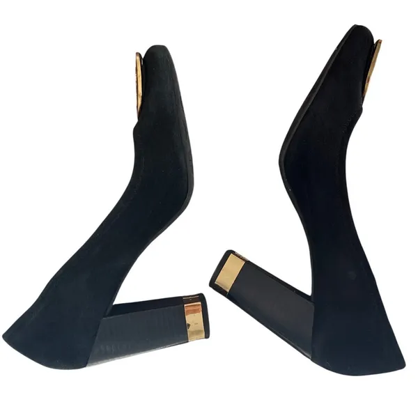 Tory Burch Maddie Suede Pumps Black Gold Logo Block Heel Size 9 - Image 6