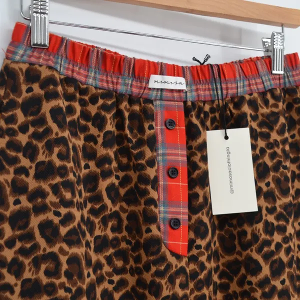 Mimosa Leopard Print Lounge Pants Women's S Plaid Waistband Straight PJ Wide Leg - Image 5