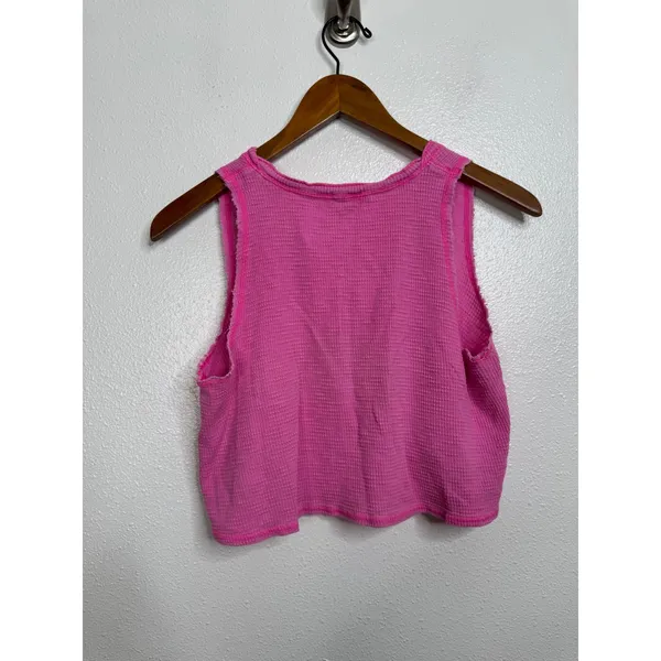 Aerie‎ Pink Waffle Knit Henley Tank Top Cropped Sleeveless Thermal Small - Image 2