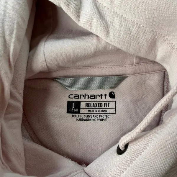 Carhartt Relaxed Fit Hoodie Sweatshirt Light Pink Women Large 12-14 Logo Patch - Image 4