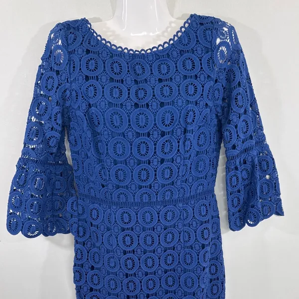 Boden Royal Blue Cotton Circle Lace Bell Sleeve Sheath Dress US‎ 6R - Image 3