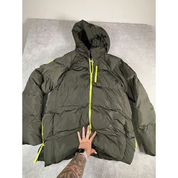 Fabletics Womens Green Hooded Puffer Jacket With Neon Zippers Coat Size M - Image 2