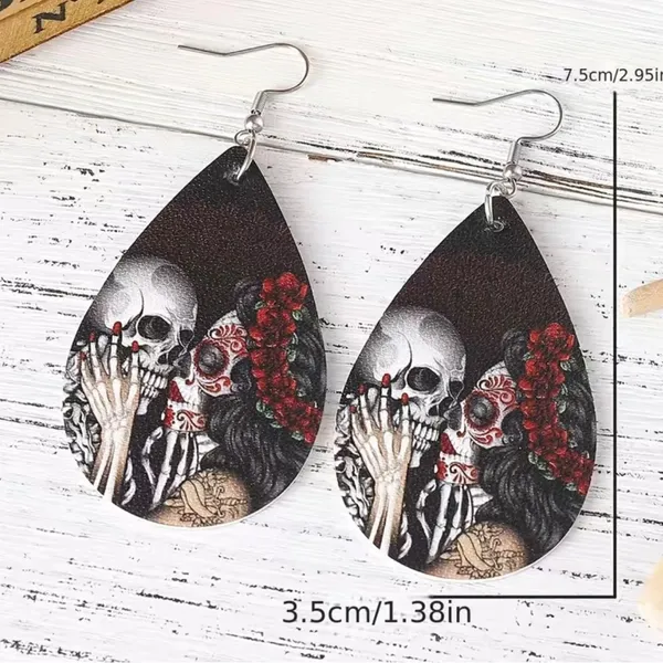Gorgeous Kiss Skeleton Print Teardrop Dangle Earrings‎ - Gothic Retro Style - Image 4