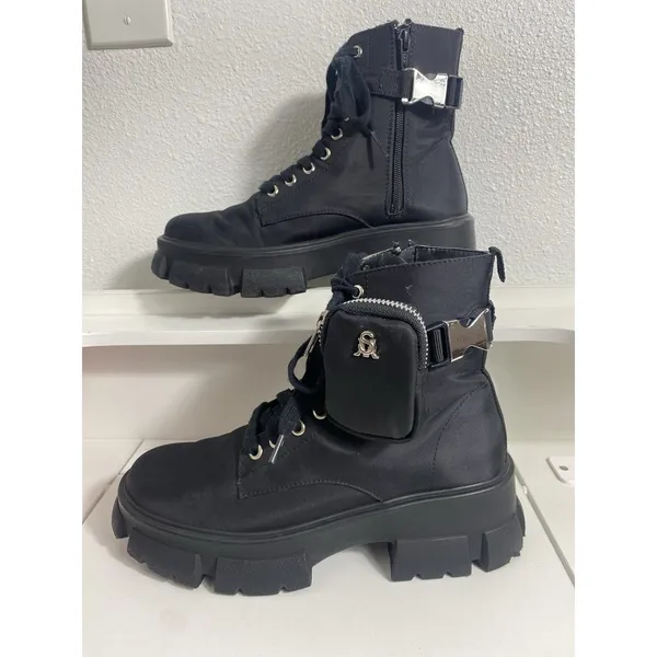 Steve Madden Thora-P Black Nylon Lace-Up Combat Ankle Lug Boots Women's 8 - Image 4