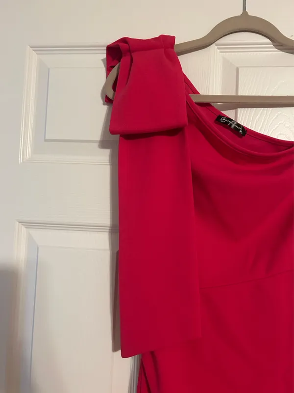 Bright Pink one shoulder formal dress with bow - Image 4