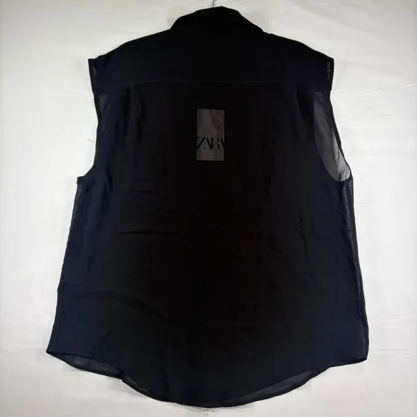 Zara Womens Black Sleeveless‎ Button Down Mesh Trim Pocket Shirt Medium NEW - Image 6