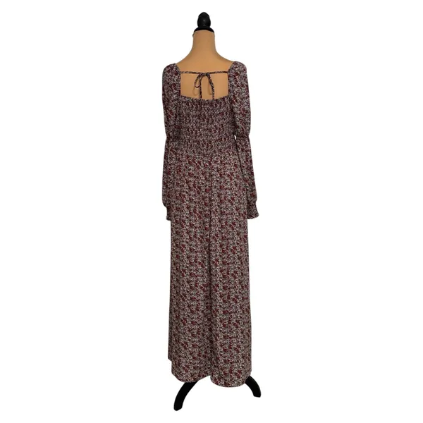 Promesa Floral Maxi Dress Burgundy Long Sleeve Square Neck Smocked Back Large - Image 4