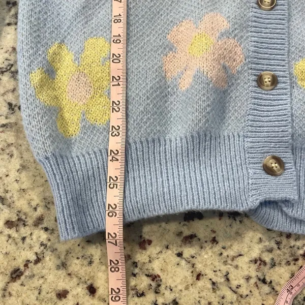 AZ Floral Cardigan Sweater Women L/XL Blue Pastel Cottagecore Fuzzy Button Front - Image 7